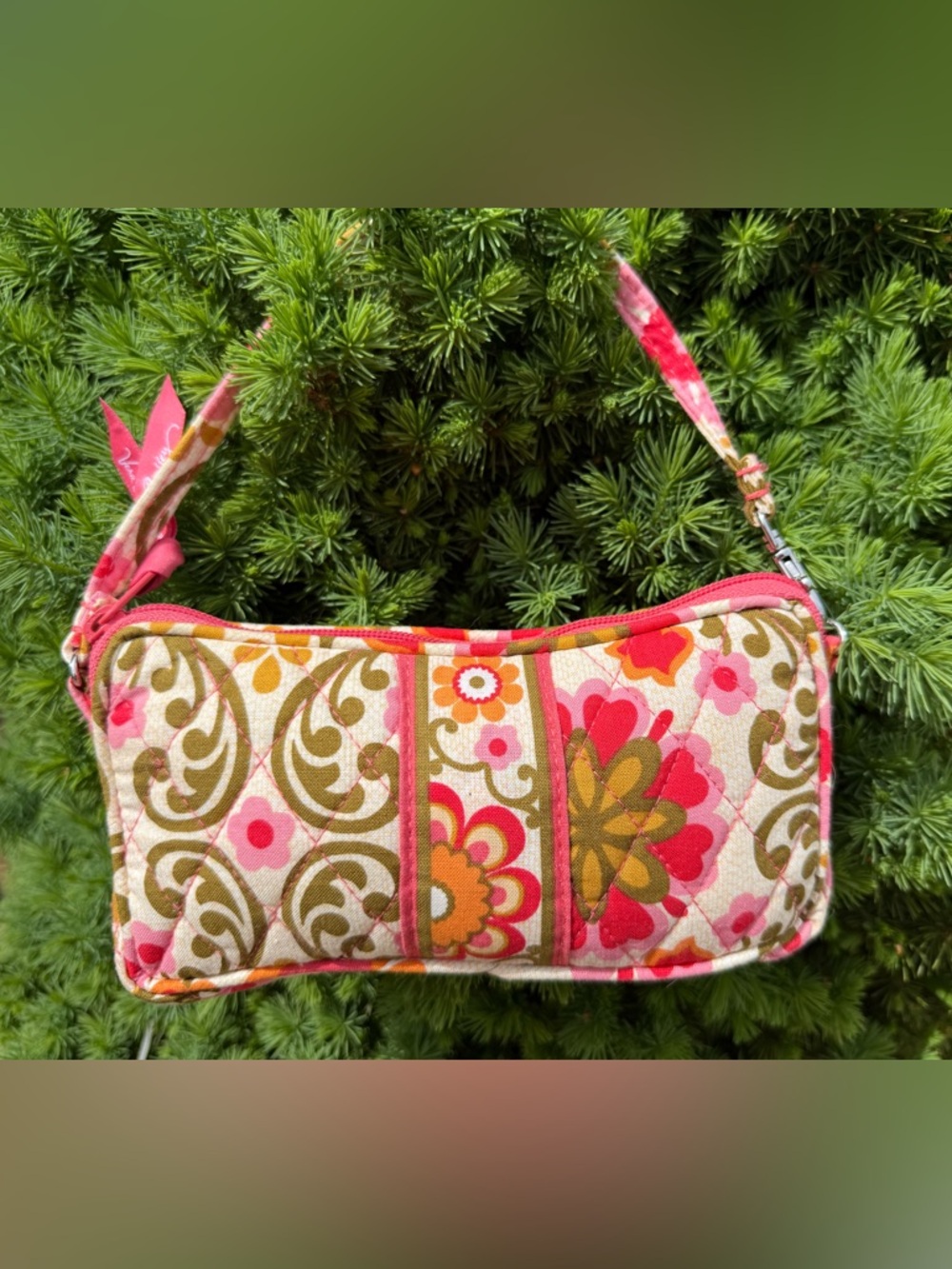 Vera Bradley Folkloric Orange & Pink Flowers Mini Small Handbag Purse Wristlet